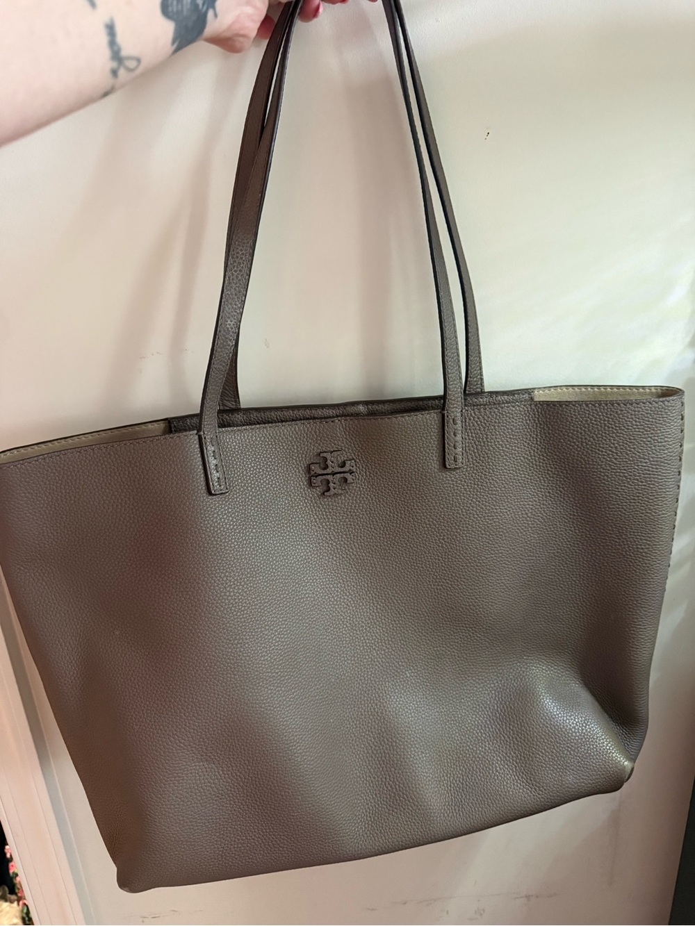 Tory Burch Pebbled Leather Tote in Taupe Gray